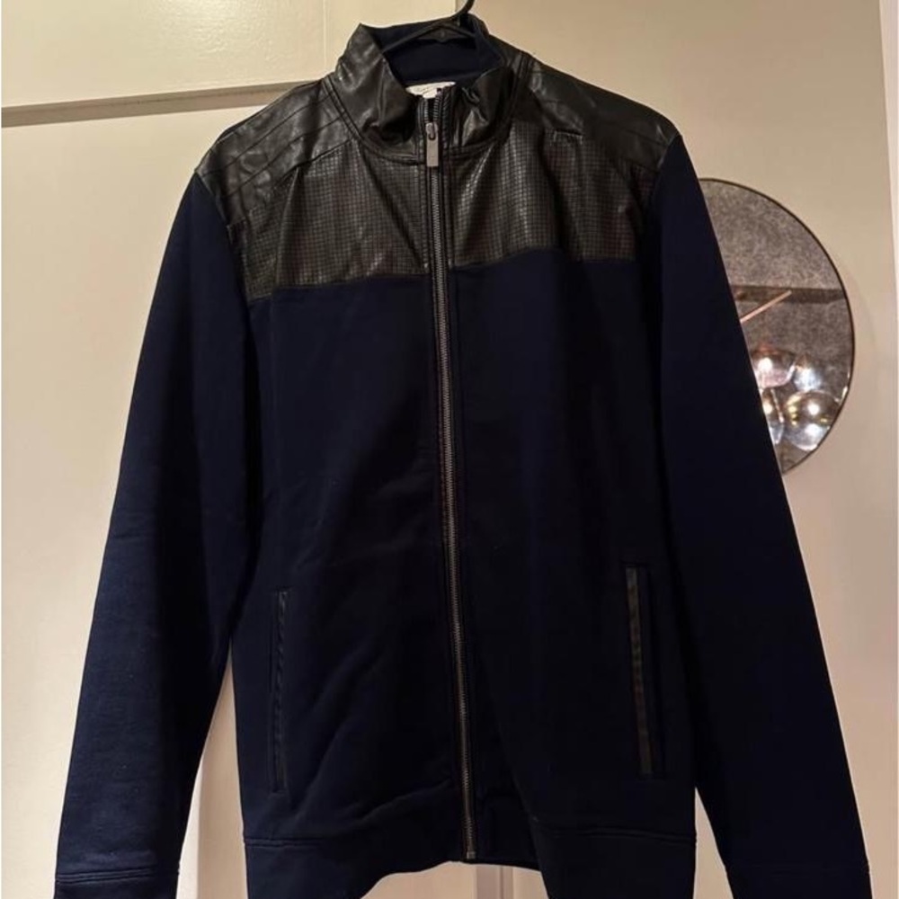 CK Men's Black and Navy Bomber Jacket with Leather trim